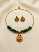 Temple Jewellery With Green Beads Lakshmi pendant Necklace Set