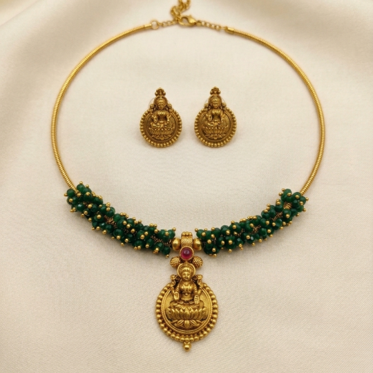 Temple Jewellery With Green Beads Lakshmi pendant Necklace Set