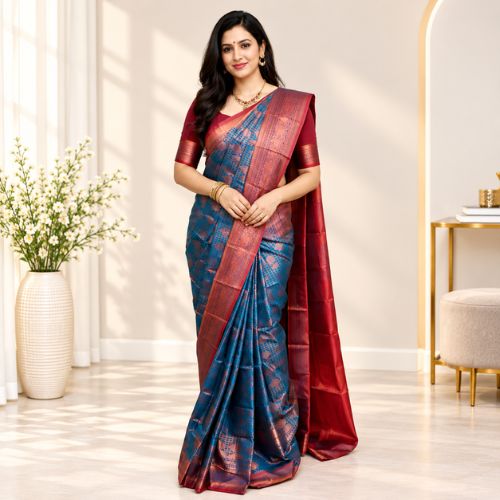 🩵 Royal Blue & Copper Zari Silk Saree