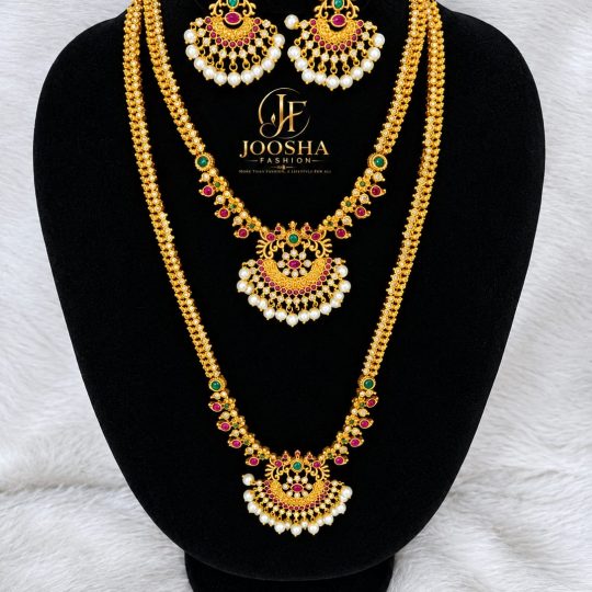 Royal Ruby & Emerald Pearl Long Necklace Combo Set