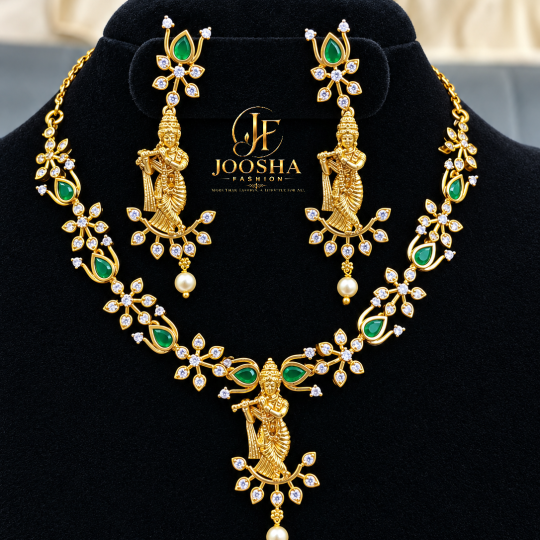 Elegant Green Emerald Krishna Ad Stone Necklace Set