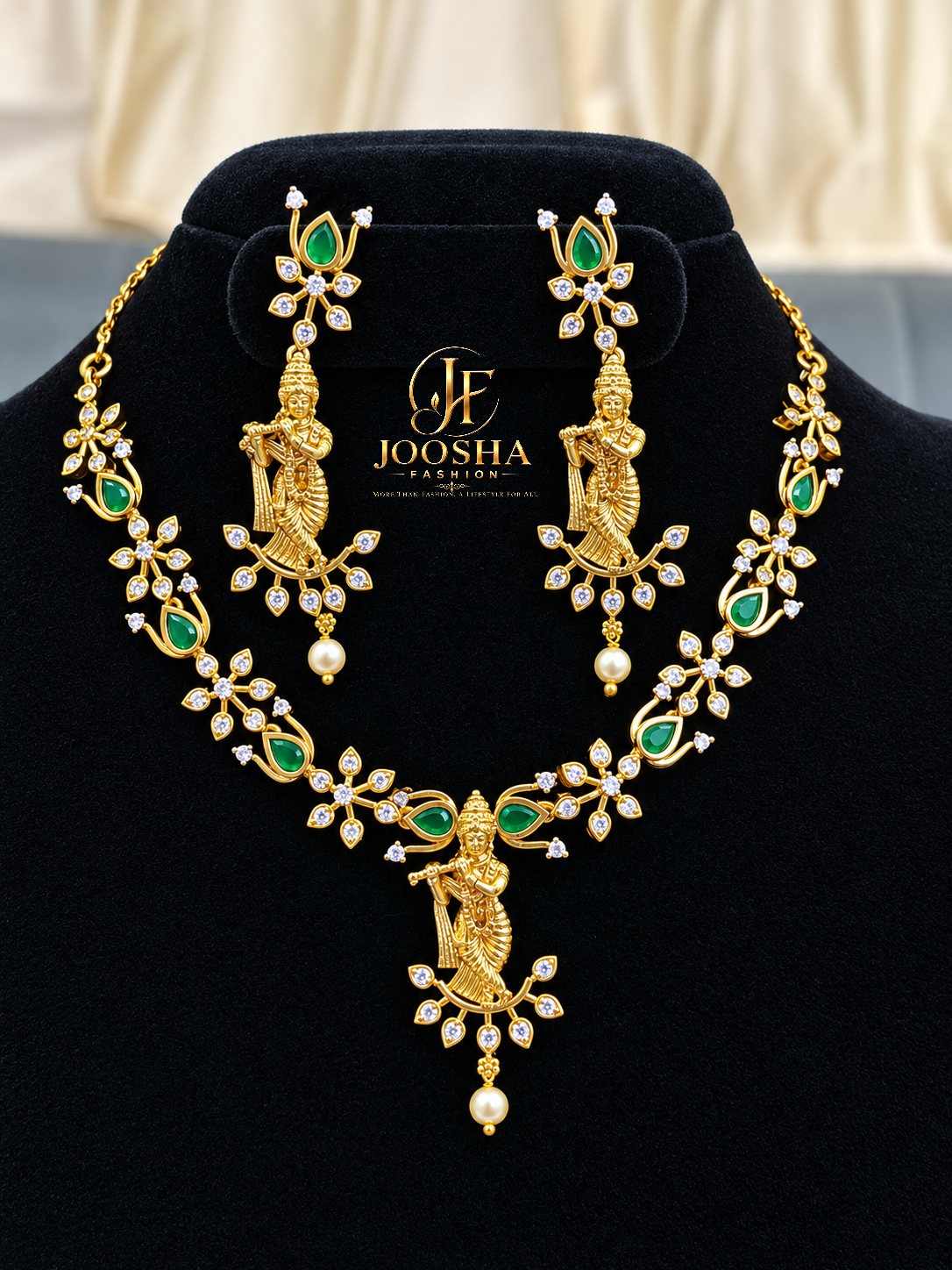 Elegant Green Emerald Krishna Ad Stone Necklace Set