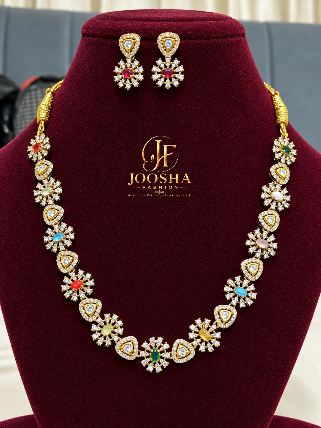 AD Stone Multicolour Floral Stone Necklace Set ✨ 💎