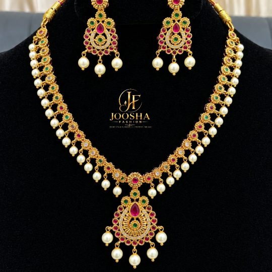 Stunning Ruby & Emerald Pearl and AD Stone Necklace