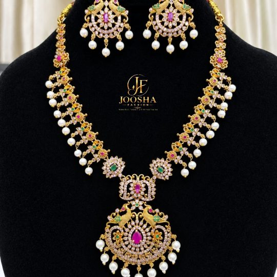 ✨ Royal Peacock Elegance – Premium Designer AD Stone Necklace Set (Short)✨