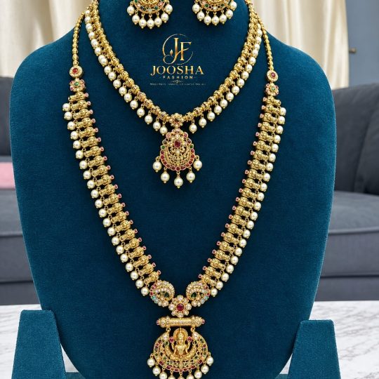 ✨ Joosha Fashion – Gold Plated AD Stone Lakshmi Ruby & Pearl Temple Jewellery Set
