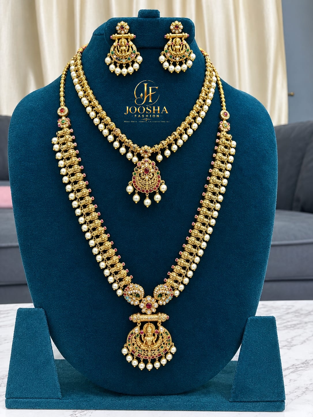 ✨ Joosha Fashion – Gold Plated AD Stone Lakshmi Ruby & Pearl Temple Jewellery Set