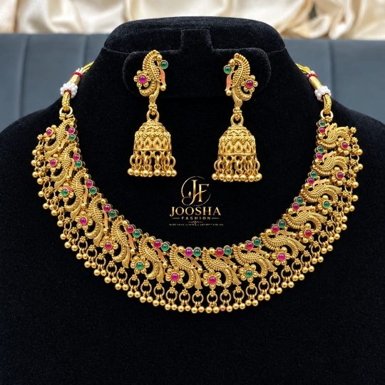 Premium Peacock Multicolour Stone Golden Necklace Set