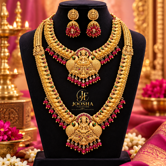 Grand Lakshmi Peacock Bridal Jewellery Set with Ruby & Emerald Beads Combo