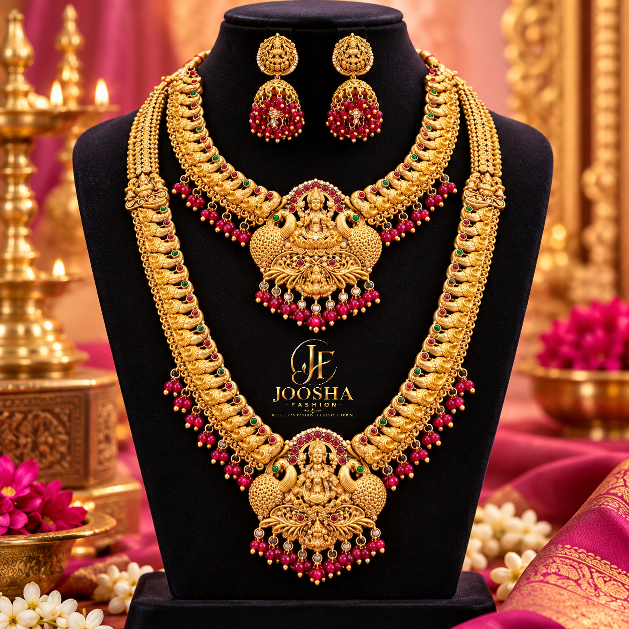 Grand Lakshmi Peacock Bridal Jewellery Set with Ruby & Emerald Beads Combo