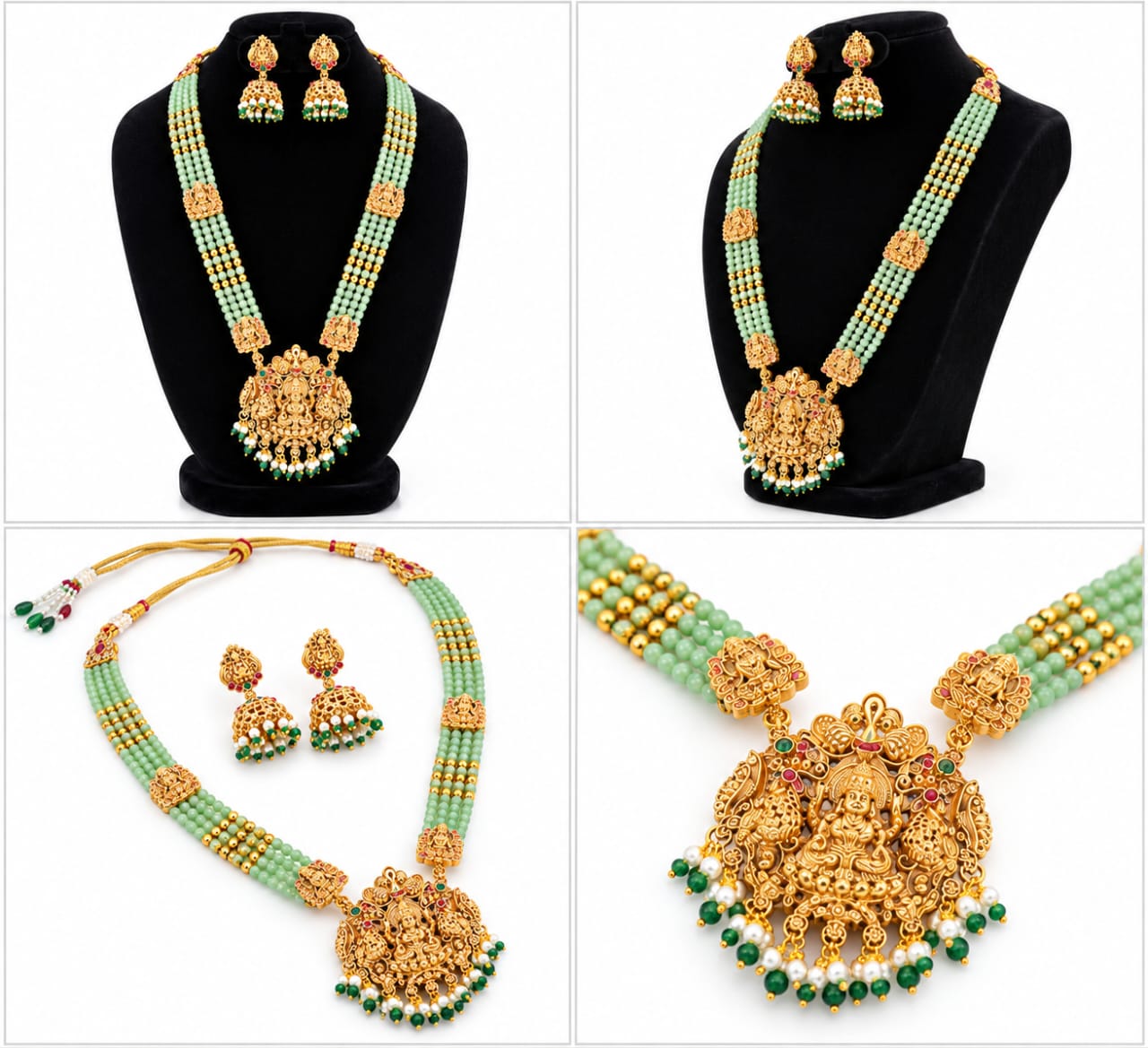 Royal Lakshmi Mint Green Beaded Long Haram - Image 2