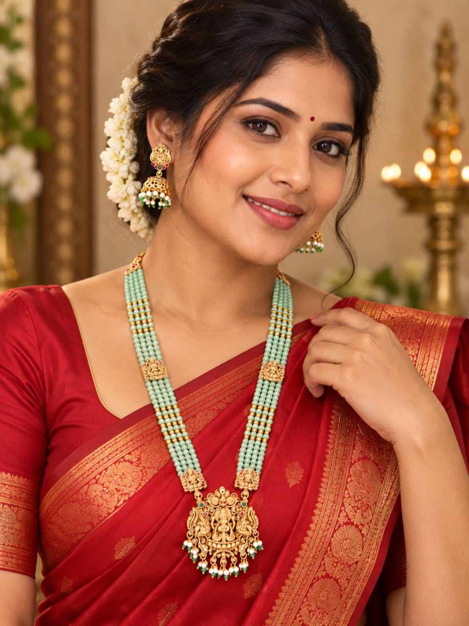 Royal Lakshmi Mint Green Beaded Long Haram - Image 3