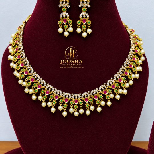 Royal Ruby & Emerald Pearl Necklace Set With AD & CZ Stones✨