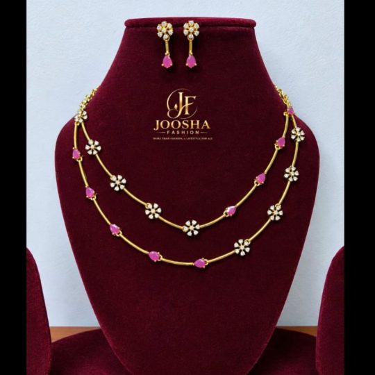 💖 Royal Pink Blossom AD Stone Double-Layer Necklace Set ✨ Elegant Floral Jewellery for a  Graceful, Royal Look! 🌸