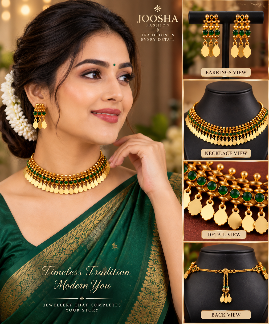 💚 Antique Gold-Finish Green Beaded Necklace Set Elaka Thali design - Image 3