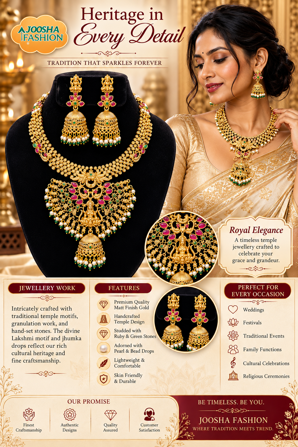 Gold-tone finish with ruby-red and green stonesLakshmi Temple Jewellery - Image 2