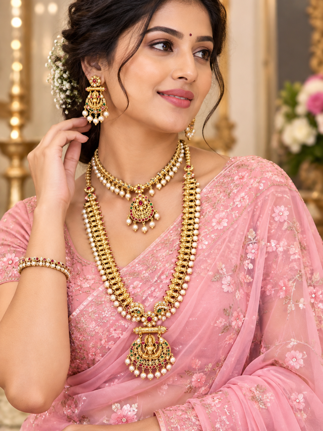 ✨ Joosha Fashion – Gold Plated AD Stone Lakshmi Ruby & Pearl Temple Jewellery Set - Image 3