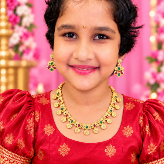 Premium Gold Plated Ruby & Emerald Coin Motif Necklace Set with Matching Earrings For Kids age 4 to 12 yrs