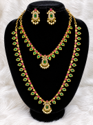Gold Plated Traditional Palak Design Green and Pink Stone Haram Combo Set