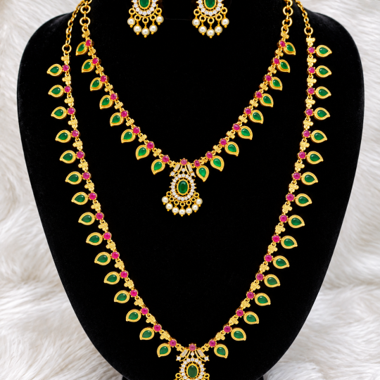 Gold Plated Traditional Palak Design Green and Pink Stone Haram Combo Set