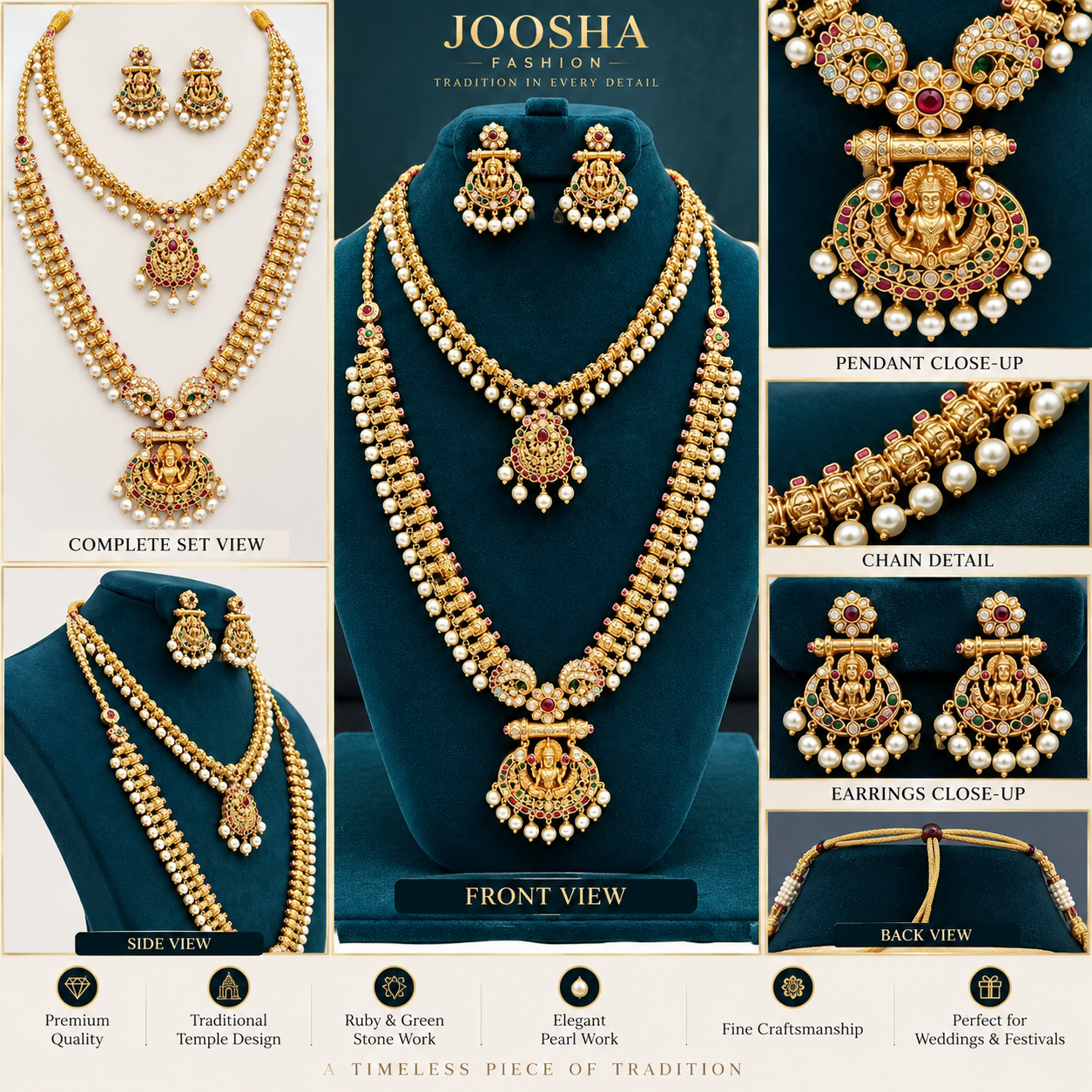 ✨ Joosha Fashion – Gold Plated AD Stone Lakshmi Ruby & Pearl Temple Jewellery Set - Image 2