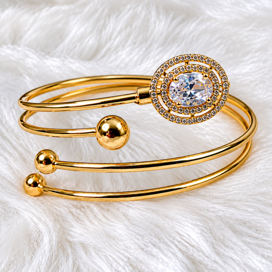 Golden Halo White and Black Crystal Open Cuff Bracelet- Adjustable Open Kada