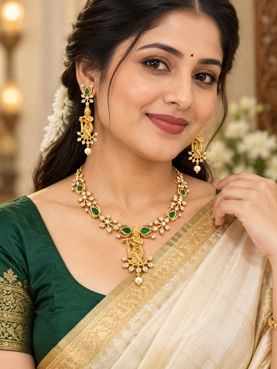 Elegant Green Emerald Krishna Ad Stone Necklace Set - Image 3