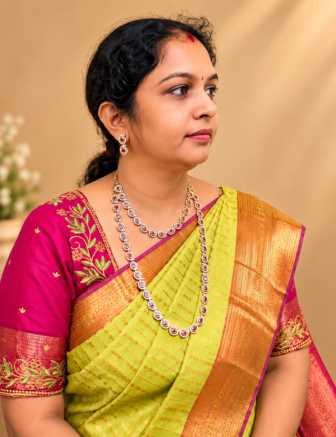 Premium 🫶 Ruby Pink Teardrop Necklace & Matching Earrings With AD stone Combo - Image 2