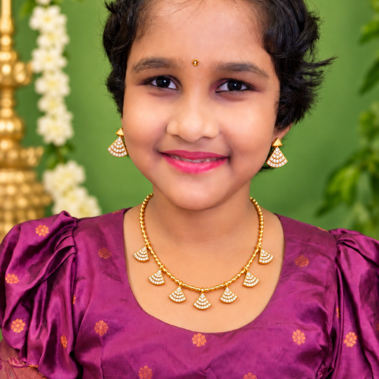 Premium Fan-Design CZ Stone Gold-Plated Necklace & Earrings For Kids & Adult