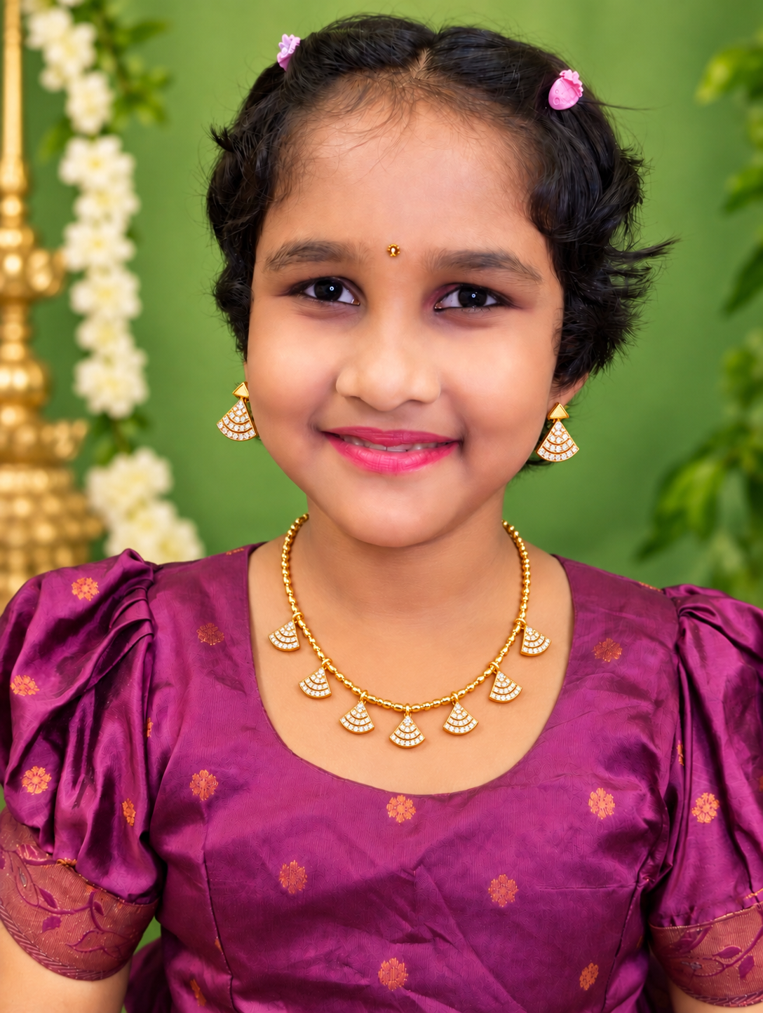 Premium Fan-Design CZ Stone Gold-Plated Necklace & Earrings For Kids & Adult
