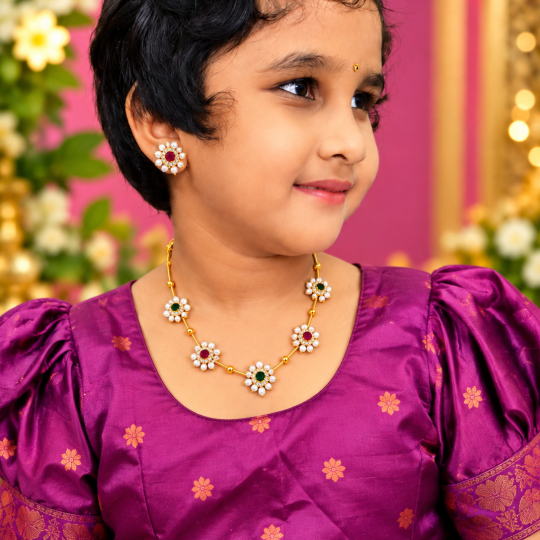 Multicolour Ad Stone Pearl Floral Necklace Set for Kids & Adults