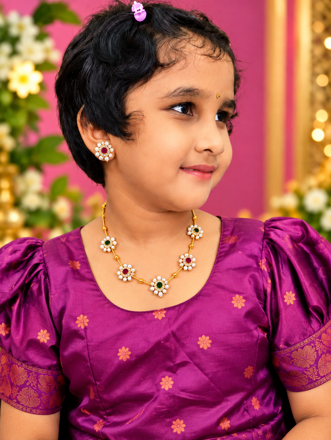 Multicolour Ad Stone Pearl Floral Necklace Set for Kids & Adults