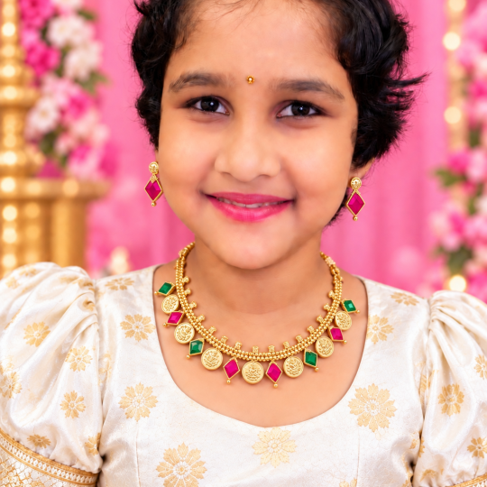 Premium Gold Plated Ruby & Emerald Coin Charm Necklace Set with Matching Earring For Kids age 4 to 12 yrs