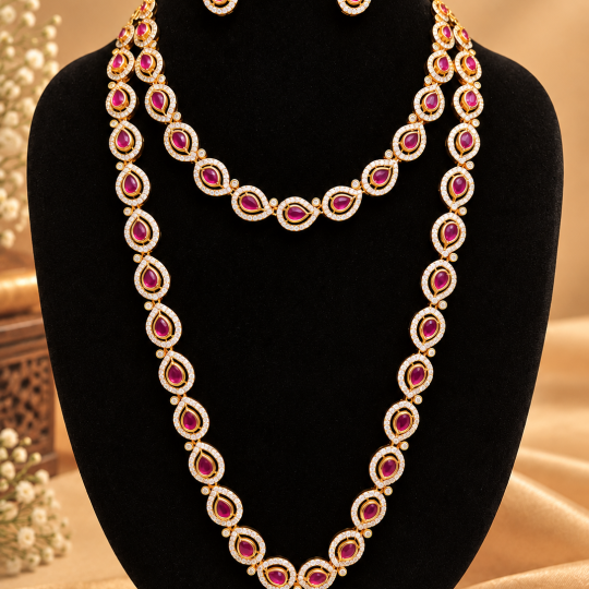 Premium 🫶 Ruby Pink Teardrop Necklace & Matching Earrings  With AD stone Combo