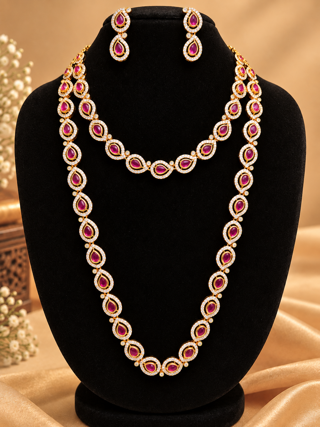 Premium 🫶 Ruby Pink Teardrop Necklace & Matching Earrings With AD stone Combo