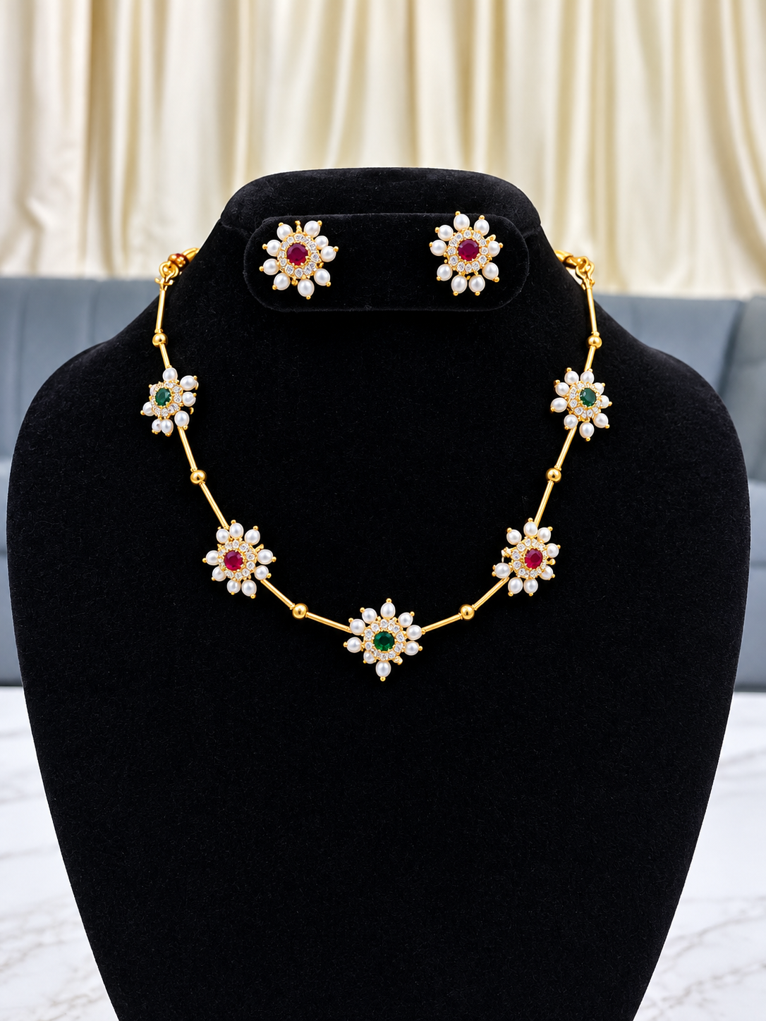 Multicolour Ad Stone Pearl Floral Necklace Set for Kids & Adults - Image 2