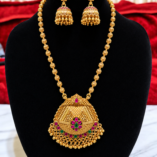 Gold-Finish Kemp Stone Chain & Jhumka Jewellery Set Premium Quality ✨