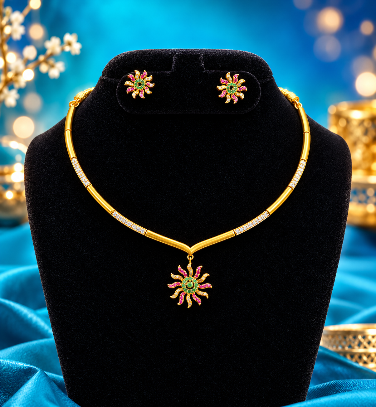Premium Gold Plated Sunburst Pendant Necklace Set with Matching Stud Earrings - Image 2