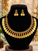 Traditional Lakshmi Coin Necklace Set with Ruby & Emerald Accents Gold Kasu Mala Coin Choker Set