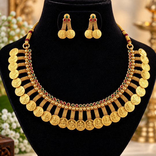 Traditional Lakshmi Coin Necklace Set with Ruby & Emerald Accents Gold Kasu Mala Coin Choker Set