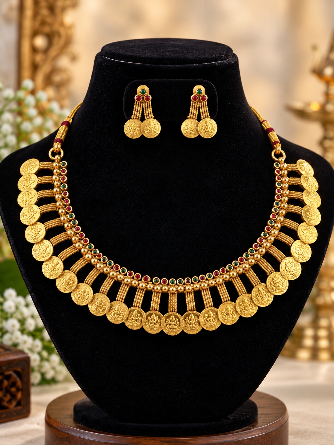 Traditional Lakshmi Coin Necklace Set with Ruby & Emerald Accents Gold Kasu Mala Coin Choker Set