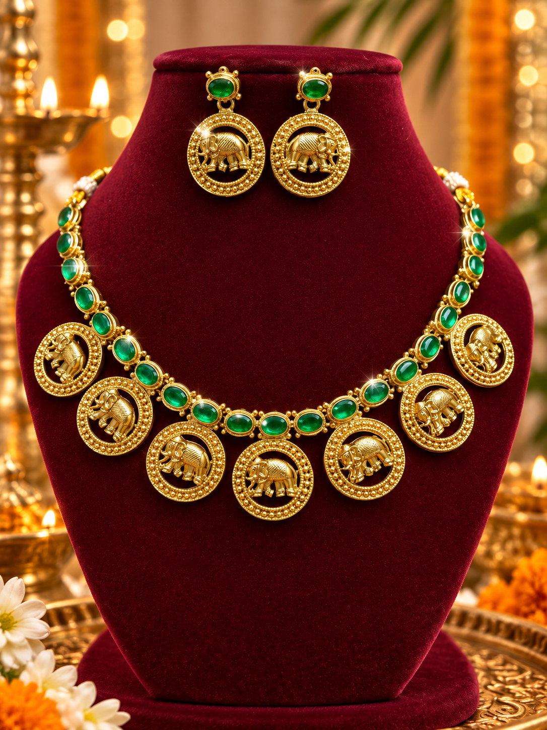 Premium Temple Elephant Motif Green Stone Necklace Set with Earrings - Image 2