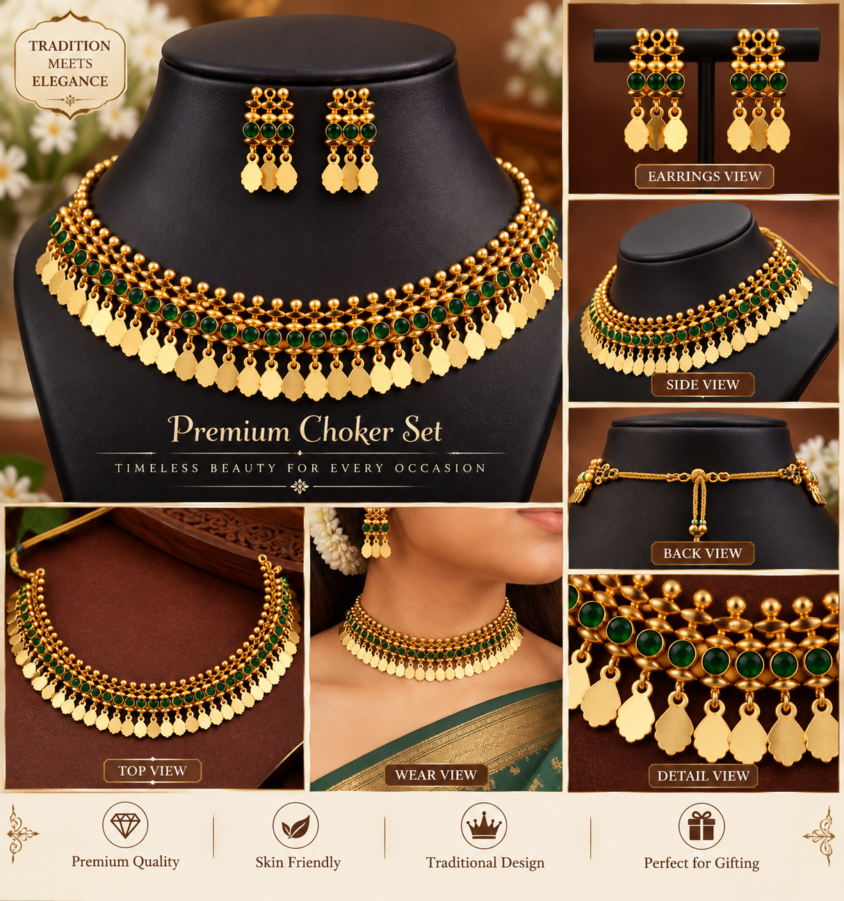 💚 Antique Gold-Finish Green Beaded Necklace Set Elaka Thali design - Image 2