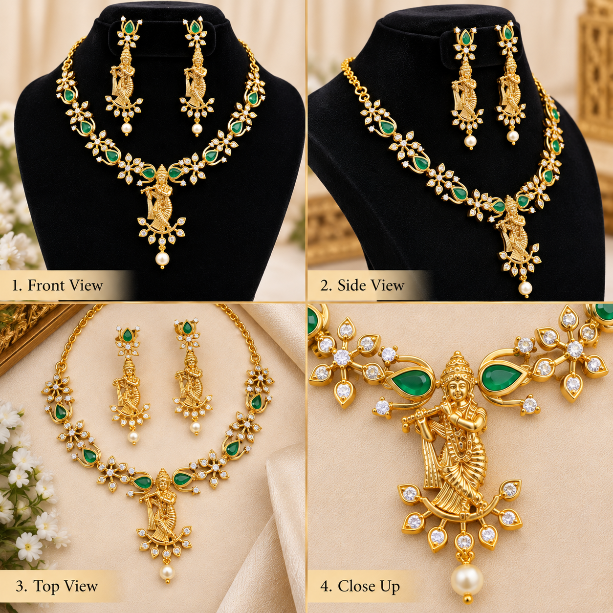 Elegant Green Emerald Krishna Ad Stone Necklace Set - Image 2