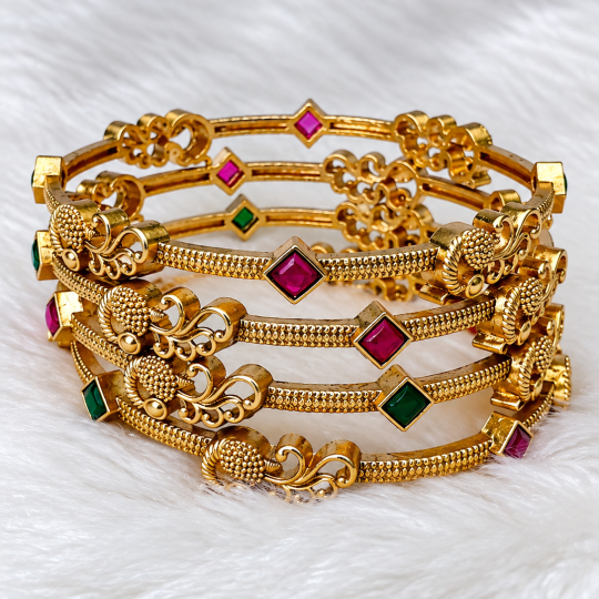 Trending Royal Gold-Tone Ruby & Emerald Kemp Stone Designer Bangles -(1Set =4 bangles)