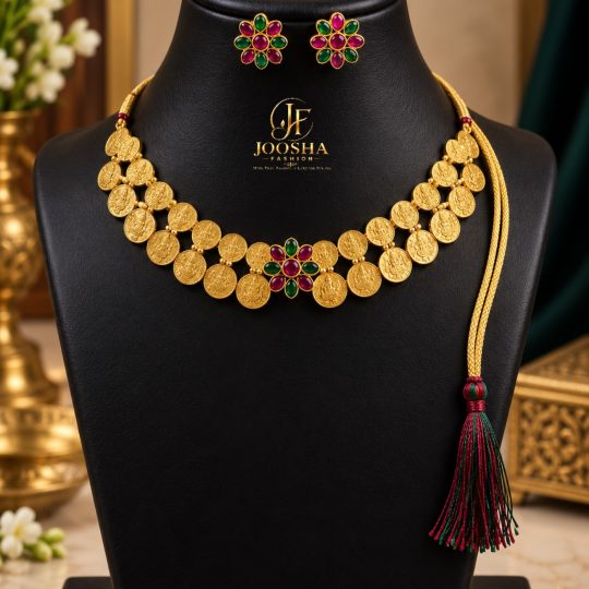 💞✨Traditional Double Layer Lakshmi Coin Necklace Set with Ruby & Emerald Floral Studs