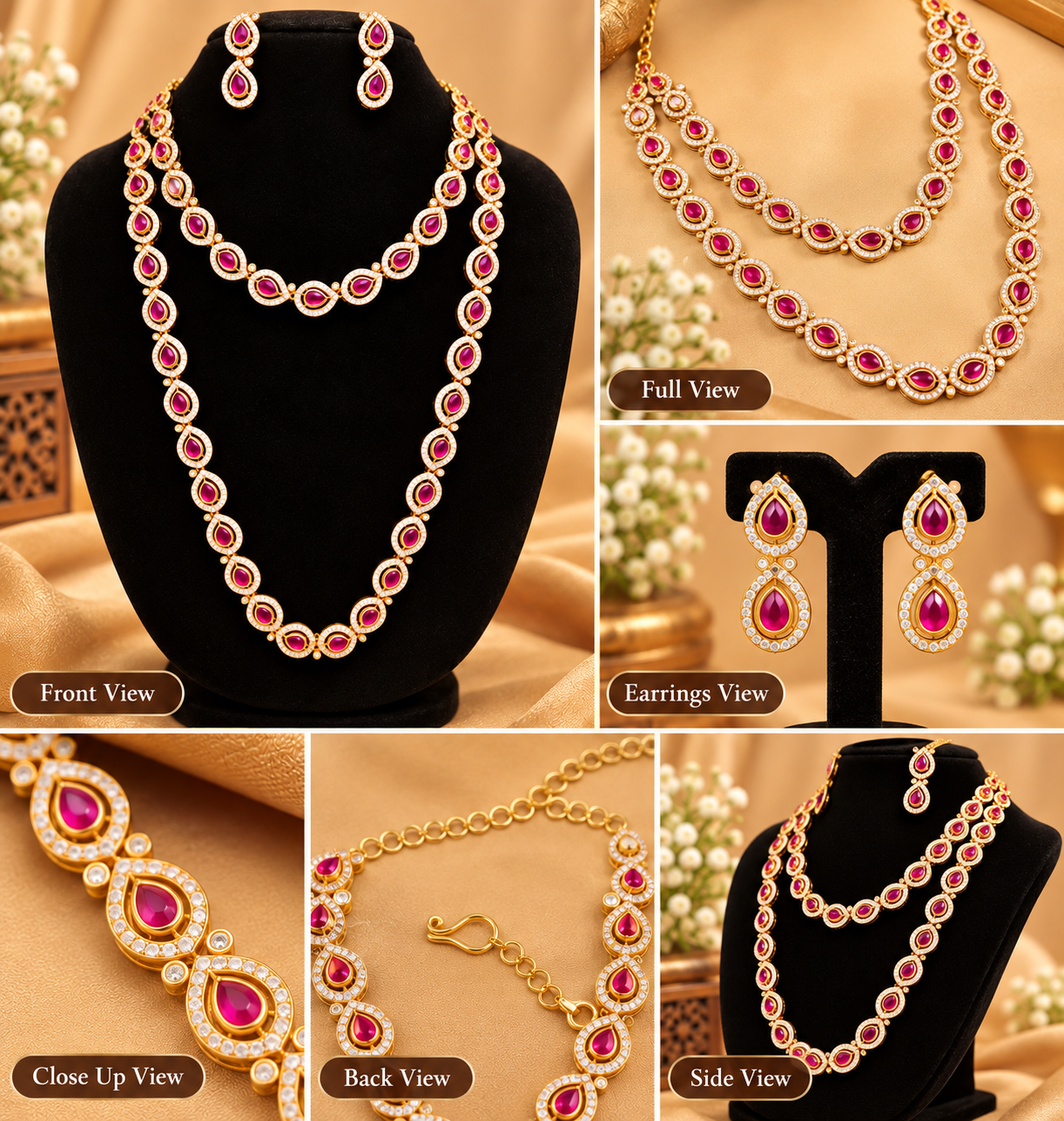 Premium 🫶 Ruby Pink Teardrop Necklace & Matching Earrings With AD stone Combo - Image 3