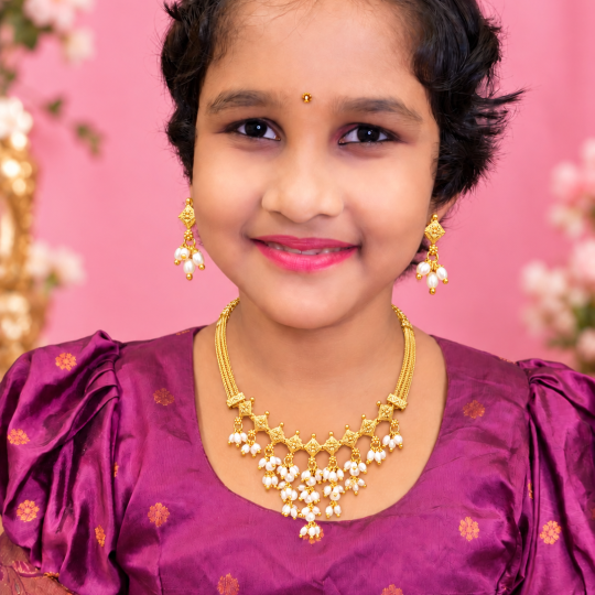 Elegant Pearl Cluster Gold Necklace Set For Kids & Adults