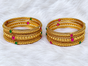 Traditional Ruby & Emerald Gold-Finish Kemp Stone Bangle (Set-6 bangles)