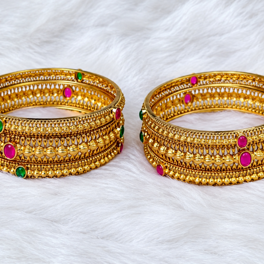 Traditional Ruby & Emerald Gold-Finish Kemp Stone Bangle (Set-6 bangles)